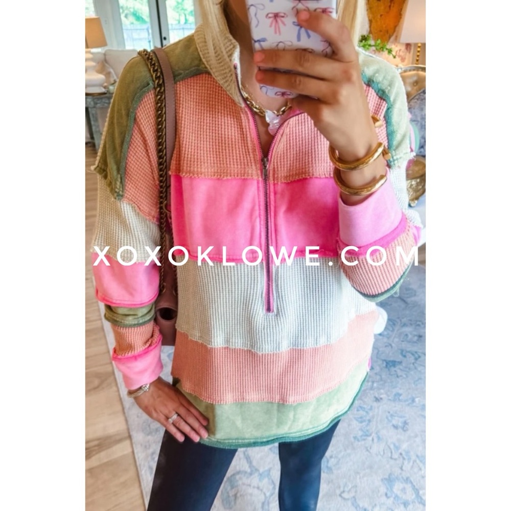 Oli & Hali Colorblock Waffle Half-Zip Pullover - Pink, Green, Cream